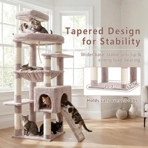 Cat tree with multiple levels and cats on a wooden floor in a room with large windows at Pet Servo