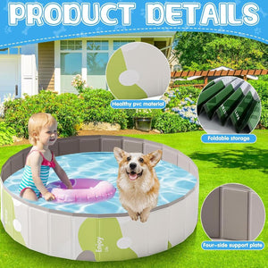 Children's inflatable pool with a dog and child playing, surrounded by greenery at Pet Servo