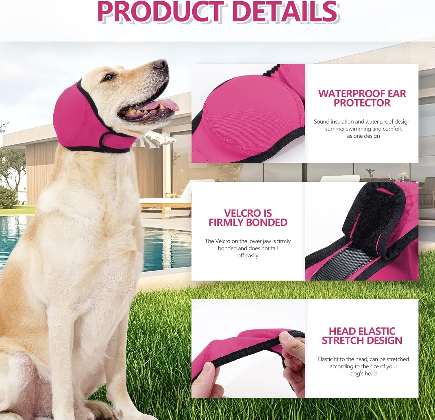 Dog wearing a pink waterproof ear protector with product details displayed at Pet Servo