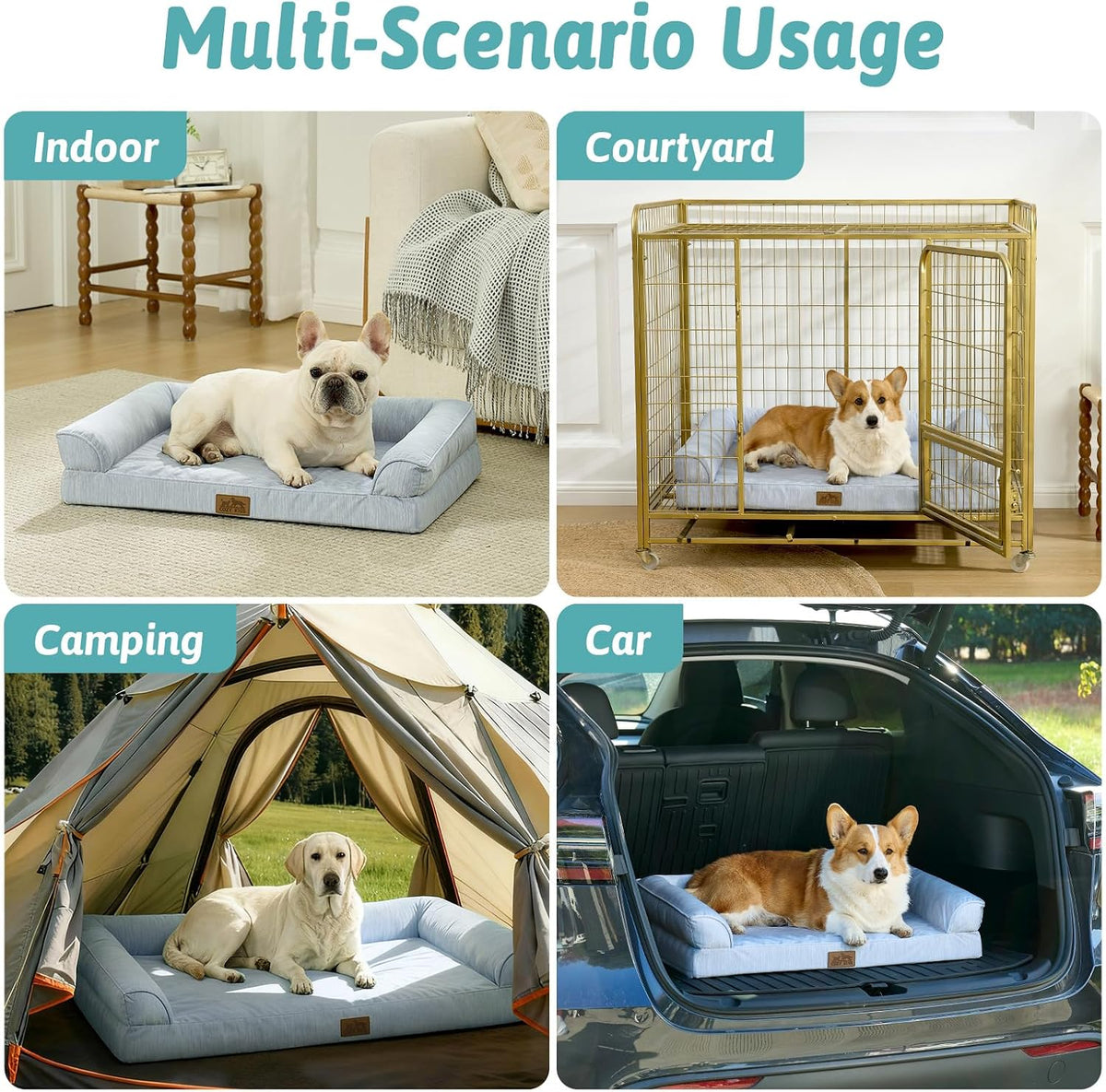 A 2x2 collage showing a pet bed in four real-world scenarios: Indoor, Courtyard, Camping, and Car. In each panel, a dog is lying on the light blue raised pet bed at Pet Servo