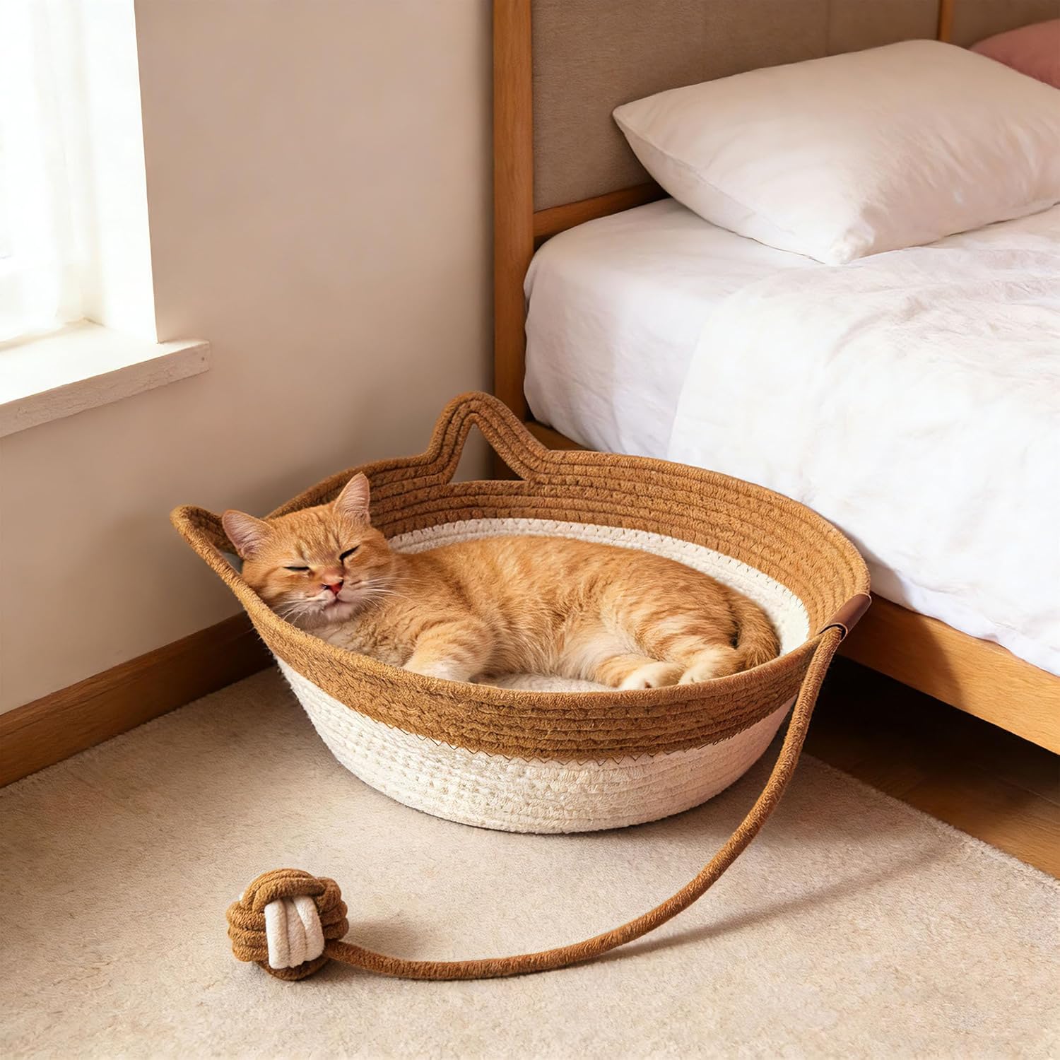 Cat lying in a woven pet bed with a rope toy on a carpeted floor next to a bed at Pet Servo