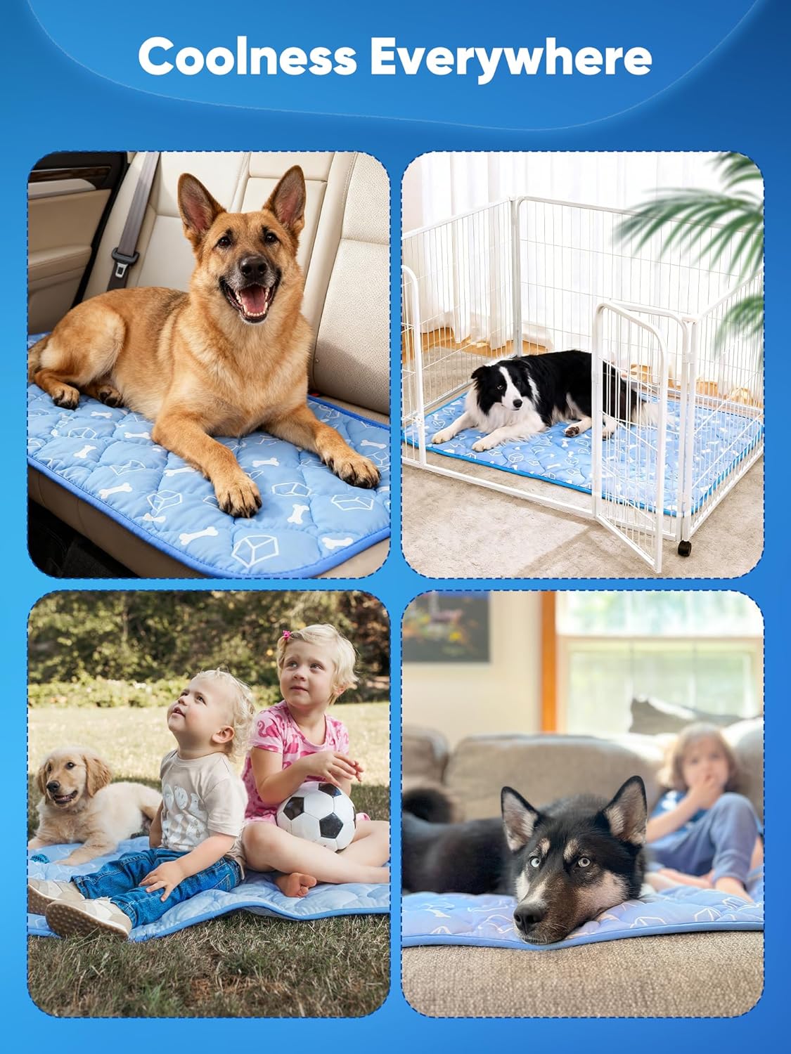 Collage of dogs and children on a blue cooling pad with text 'Coolness Everywhere' at Pet Servo