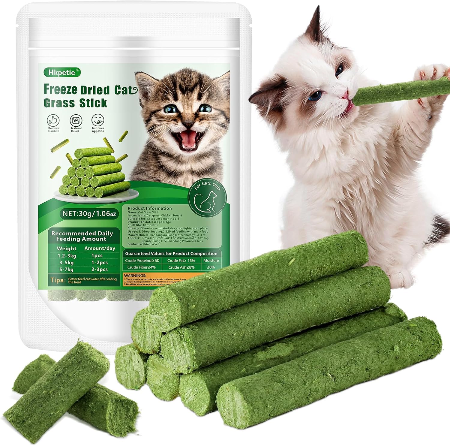 Hiptetic freeze-dried cat grass sticks with packaging and a cat playing with a stick at Pet Servo