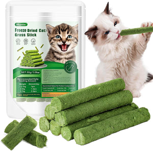 Hiptetic freeze-dried cat grass sticks with packaging and a cat playing with a stick at Pet Servo