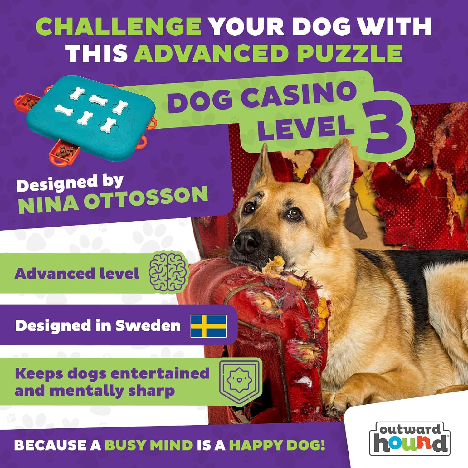 Dog puzzle toy with text about advanced puzzle design and benefits for dogs, featuring Nina Ottosson's branding at Pet Servo