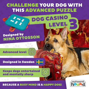 Dog puzzle toy with text about advanced puzzle design and benefits for dogs, featuring Nina Ottosson's branding at Pet Servo