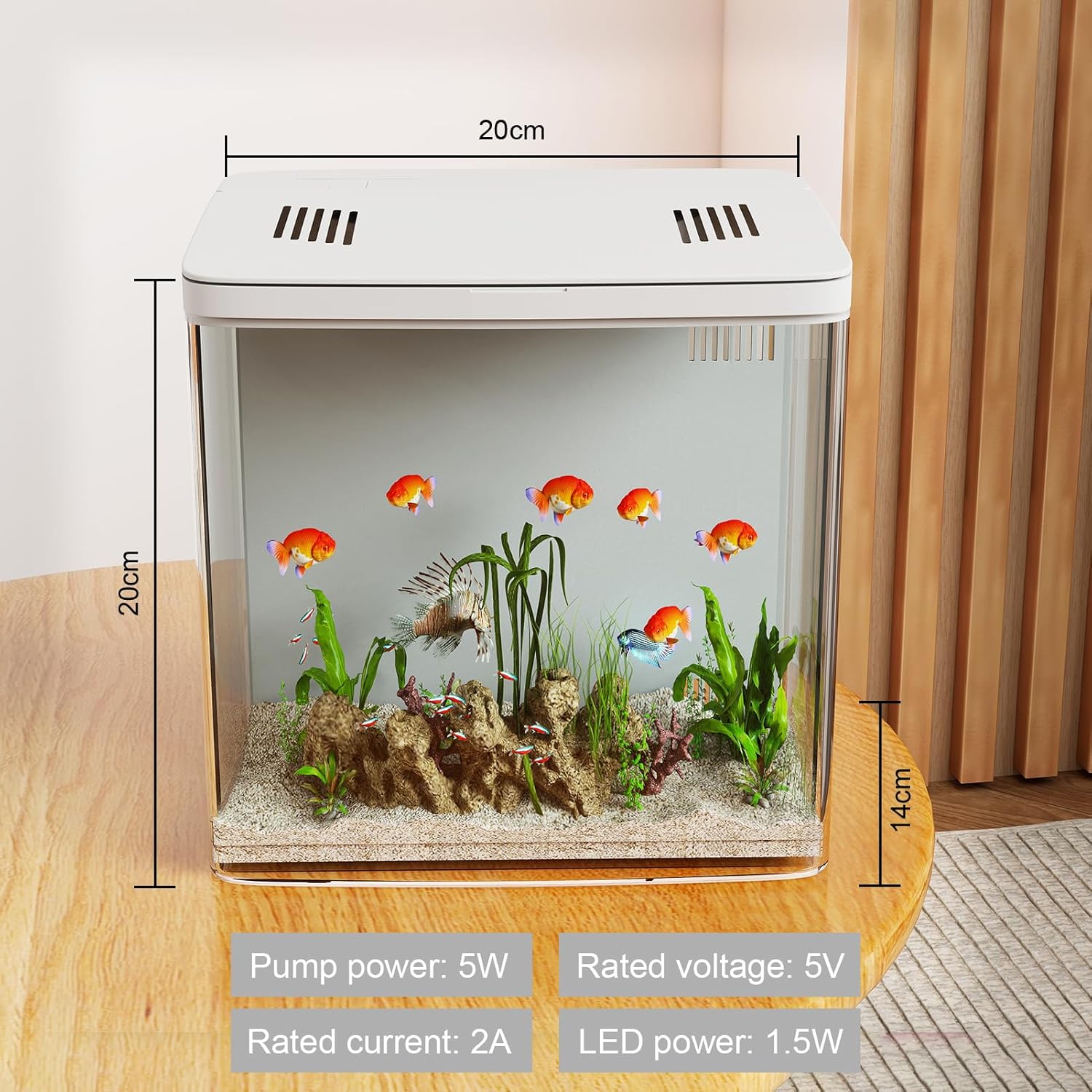 Small aquarium with fish and plants, placed on a wooden surface with dimensions and technical specifications displayed at Pet Servo