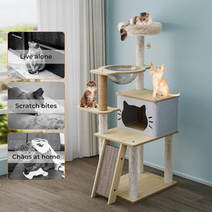A multi-level cat tree with light wood platforms, sisal-wrapped scratching posts, a fabric-covered cat house, and a hanging cat bed, shown in a room with cats using it. Three inset photos on the left show cats scratching, biting, and playing with the product at Pet Servo