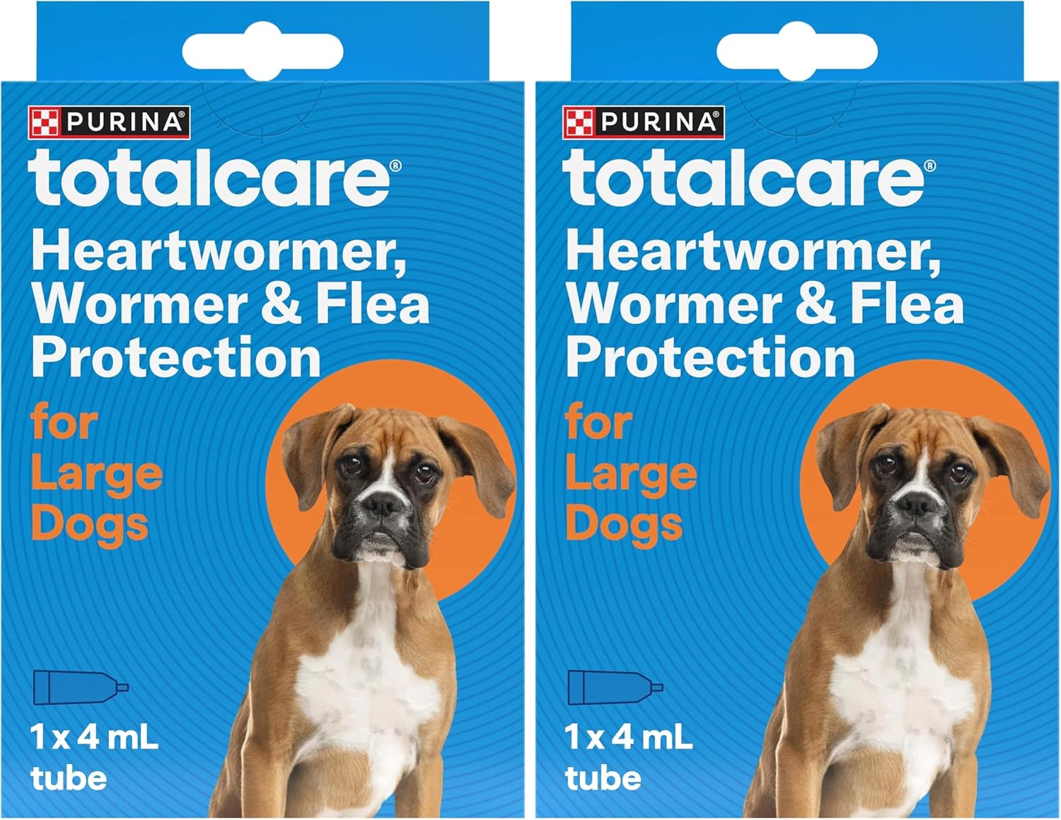 Two packages of Purina totalcare Heartwormer, Wormer & Flea Protection for Large Dogs on a blue background at Pet Servo