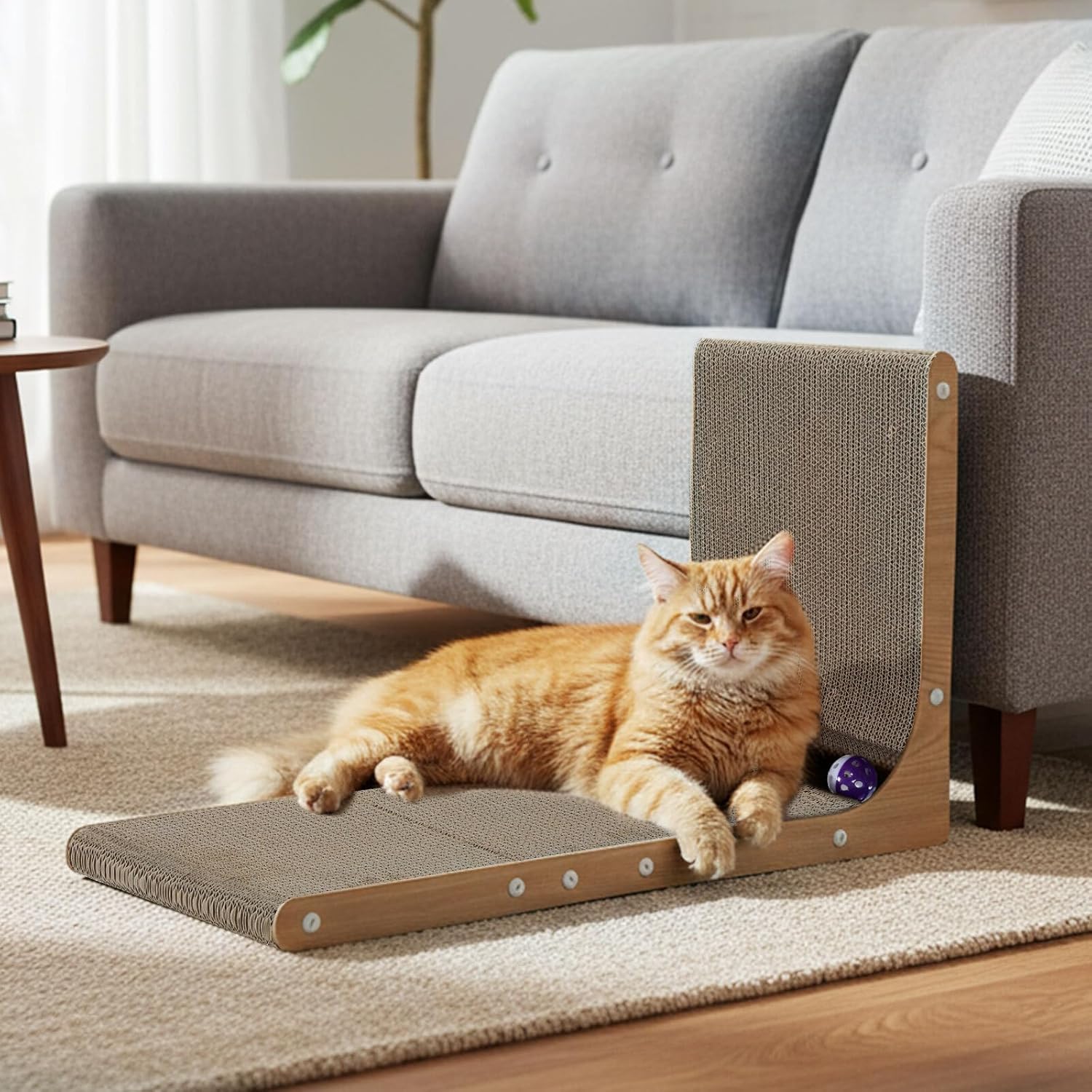 Cat lounging on a cat shelf in a living room at Pet Servo