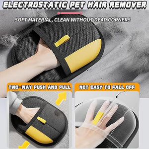 Electrostatic pet hair remover with text highlighting features on a gray background at Pet Servo