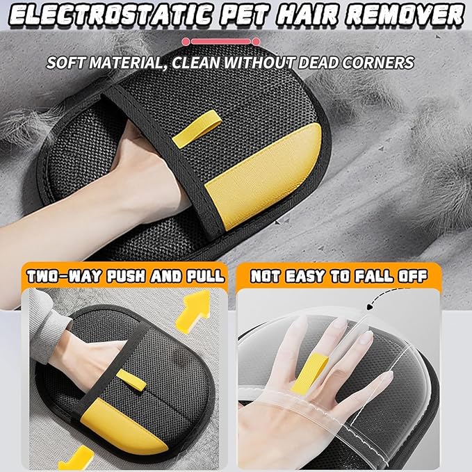Electrostatic pet hair remover with text highlighting features on a gray background at Pet Servo