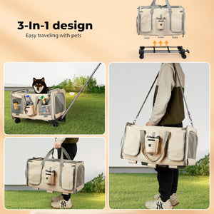 A pet carrier bag shown in multiple views, including a top-down view with text reading '3-In-1 design' and two lifestyle photos of a person carrying the bag outdoors on grass. The bag is light beige/cream with gray mesh panels and gray straps, and a small, attached pet window pouch is visible at Pet Servo