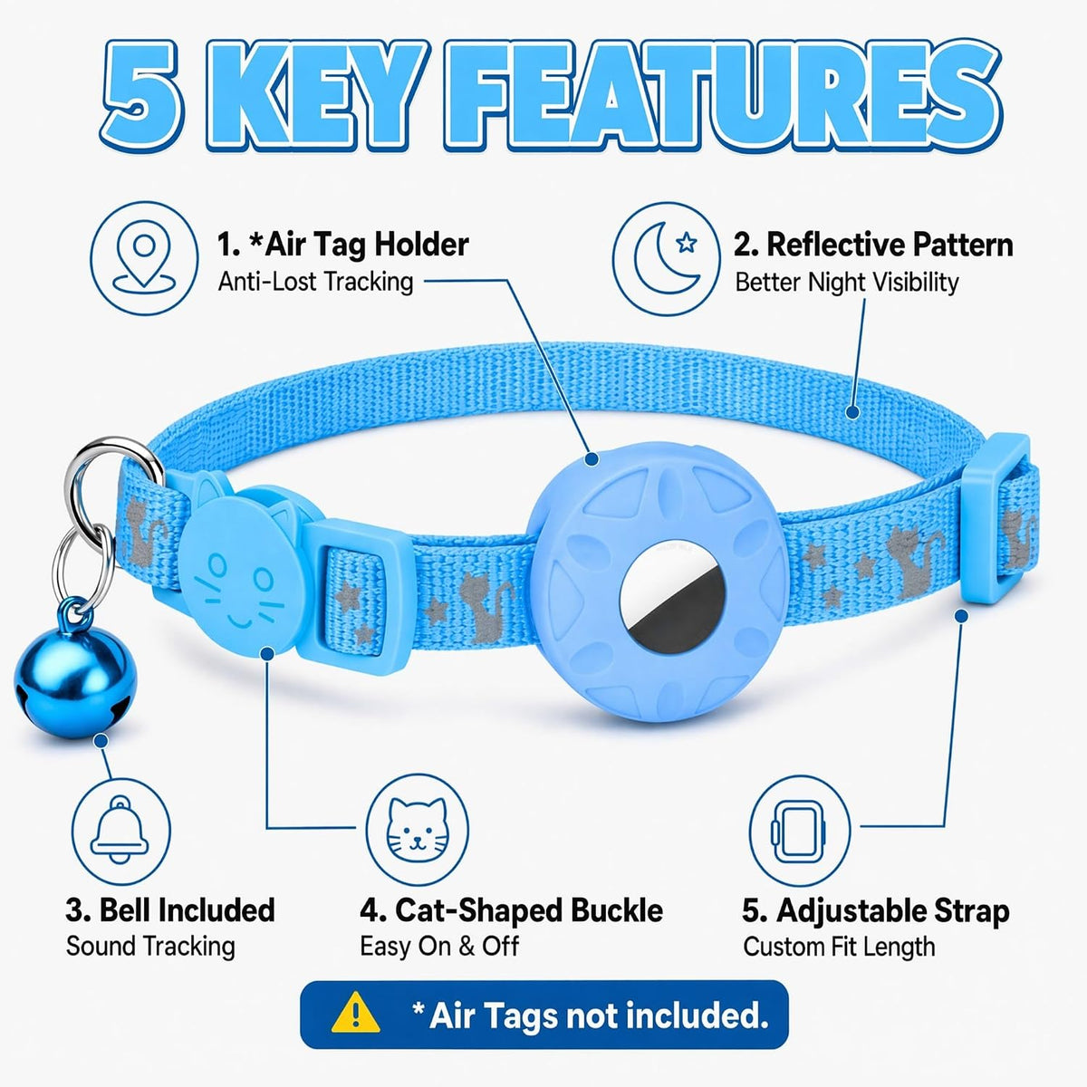 A blue pet collar with a matching blue bell and central round tracker, shown on a light gray background with feature callouts and text reading '5 KEY FEATURES.' The text says air tags are not included, and the image explains features such as an air tag holder, reflective pattern, bell, cat-shaped buckle, and adjustable strap at Pet Servo