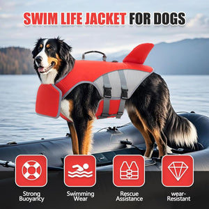 Dog wearing a red swim life jacket on a boat with water and mountains in the background at Pet Servo