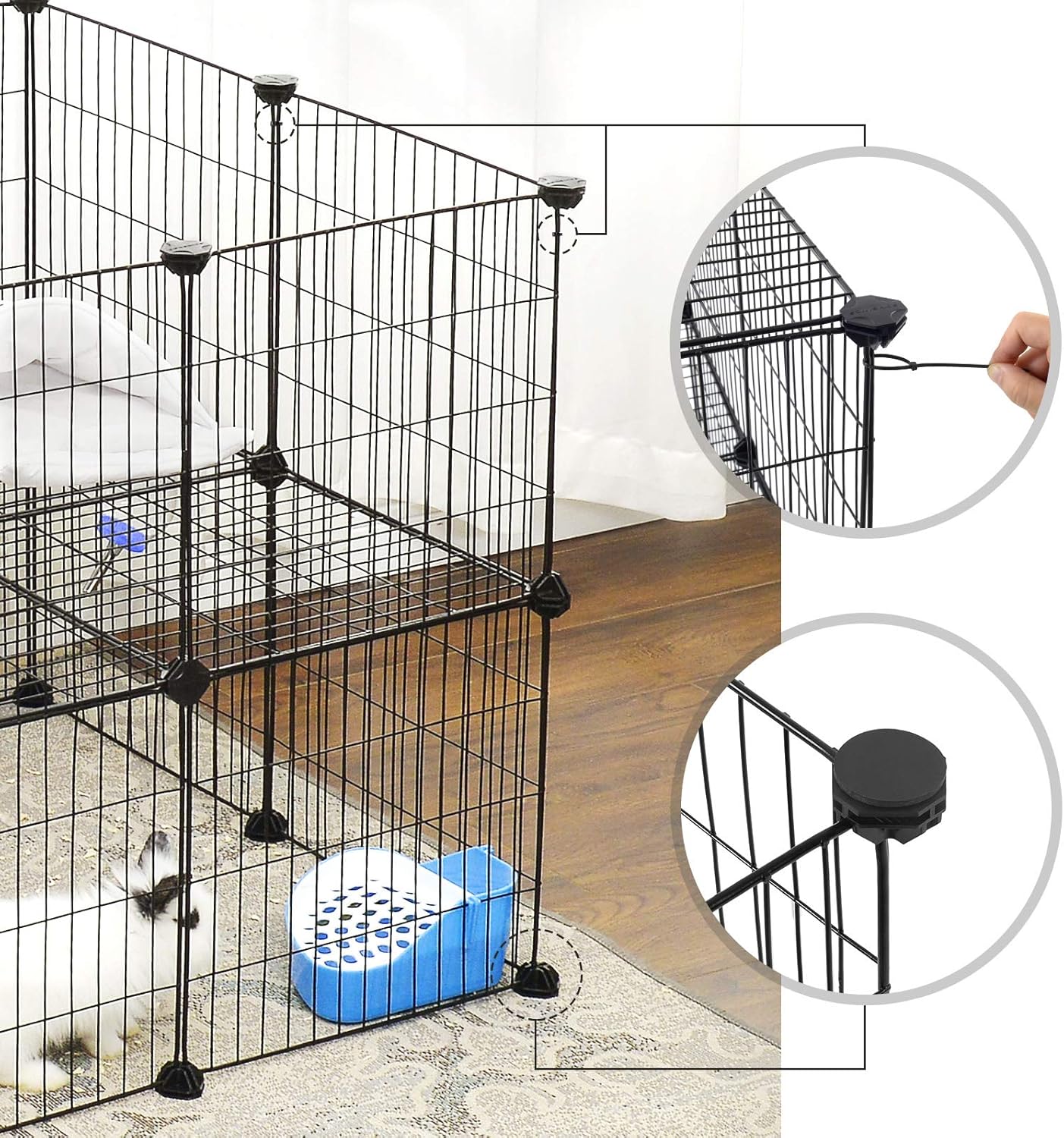 Pet cage with a blue litter box inside, showing close-ups of the cage's features at Pet Servo