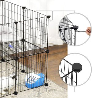 Pet cage with a blue litter box inside, showing close-ups of the cage's features at Pet Servo