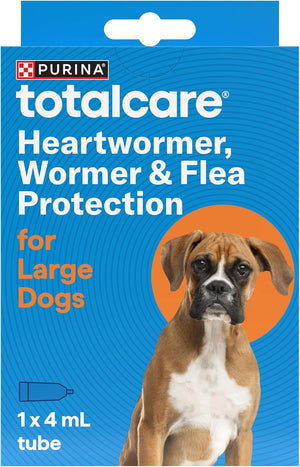 Purina TotalCare heartworm, wormer & flea protection packaging for large dogs on a blue background at Pet Servo