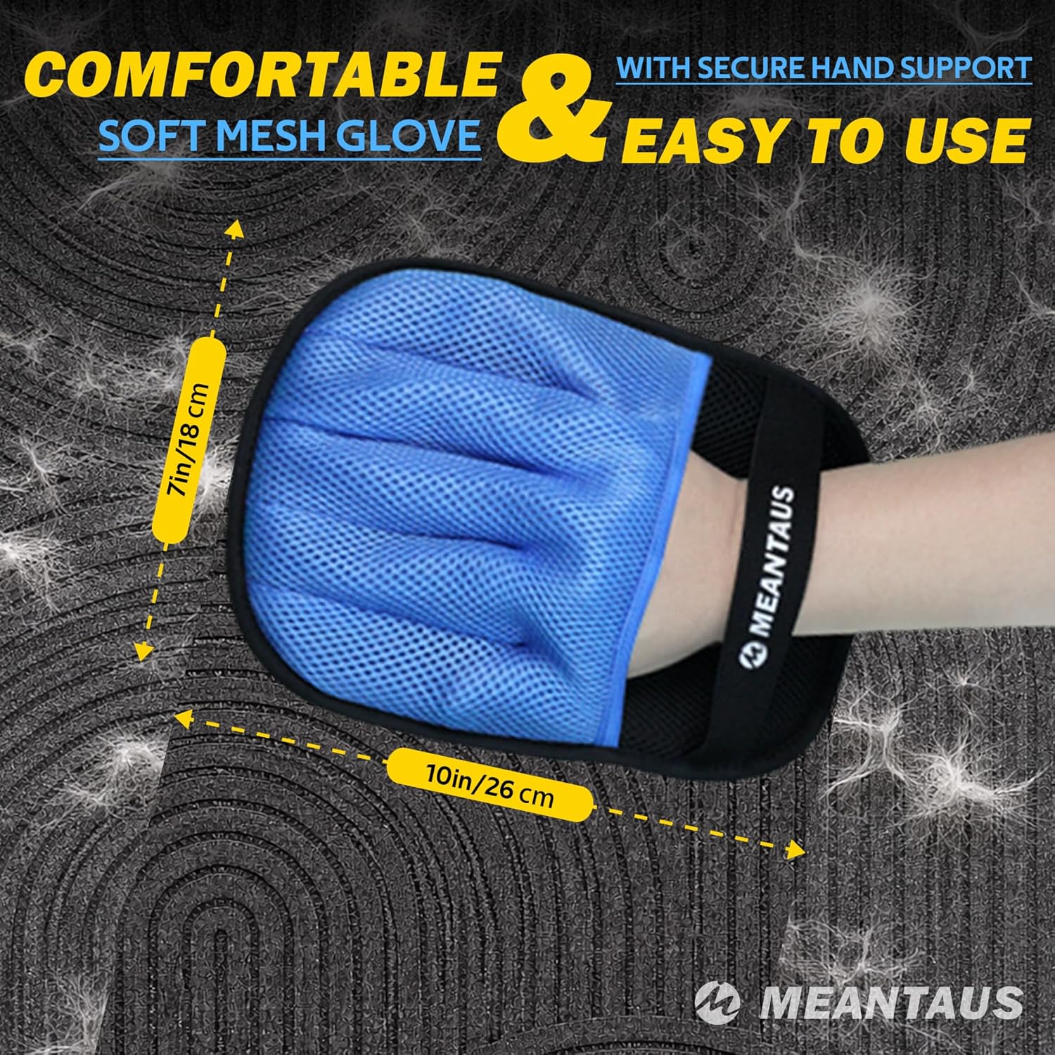 Blue soft mesh glove with MEANTAUUS branding on a textured background at Pet Servo