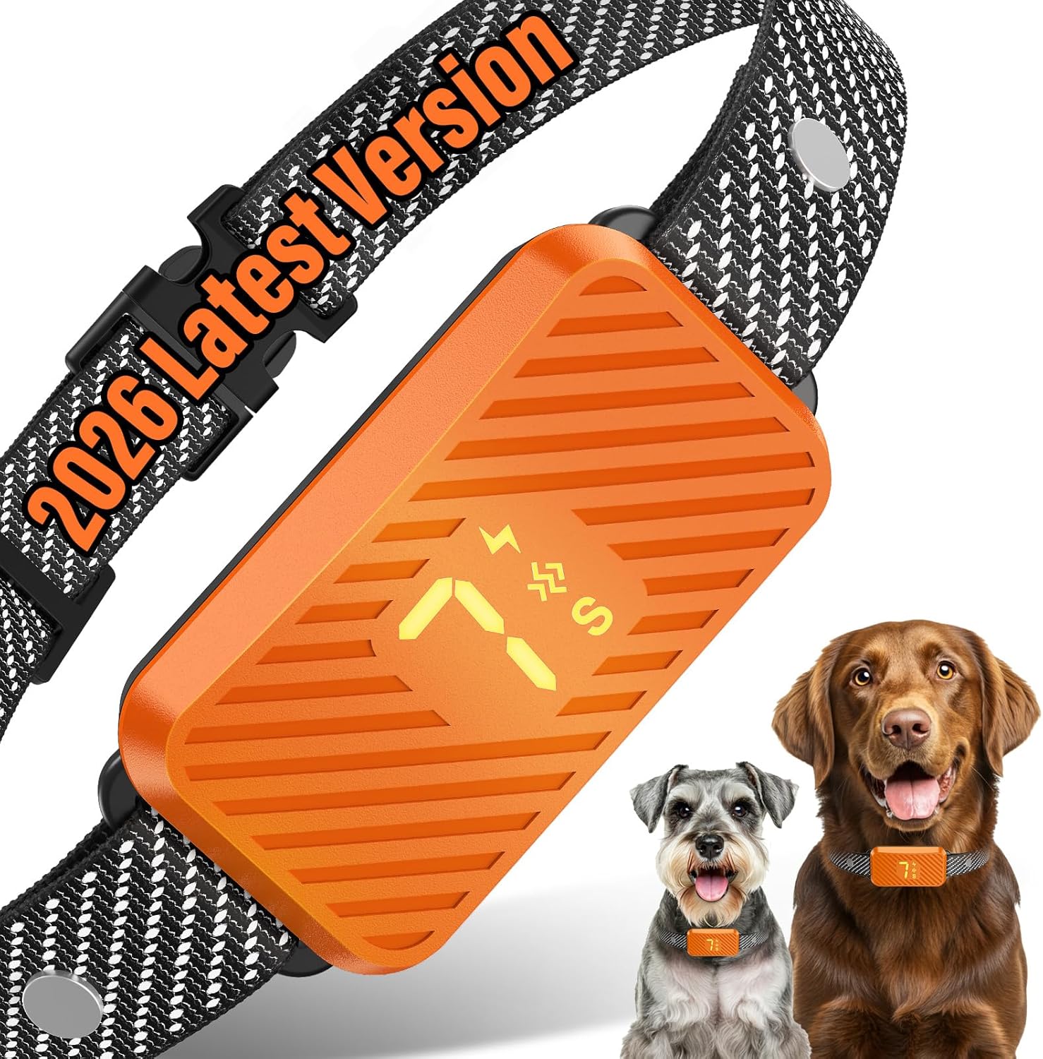 Orange electronic dog collar with black mesh strap, featuring '2026 Latest Version' text, on a white background with two dogs wearing the collar at Pet Servo