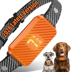 Orange electronic dog collar with black mesh strap, featuring '2026 Latest Version' text, on a white background with two dogs wearing the collar at Pet Servo