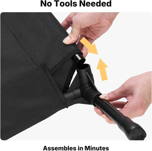 Person assembling a black chair with text indicating no tools are needed and assembly takes minutes.