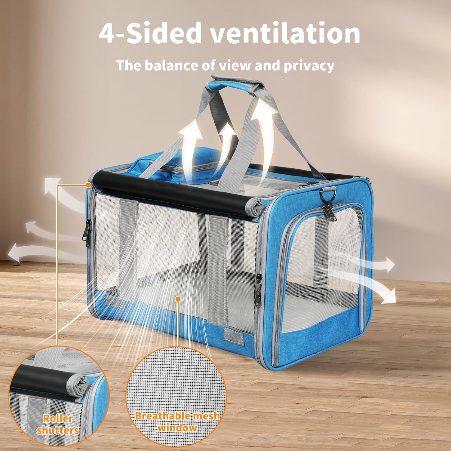 Blue and gray pet carrier tent with mesh windows and top handle, shown on a wooden floor against a beige wall with ventilation arrows and feature callouts at Pet Servo