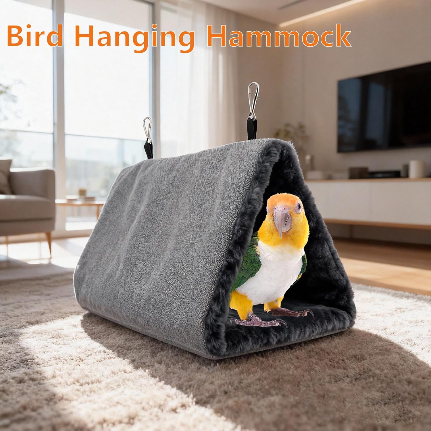Bird hanging hammock with a parrot inside in a living room setting at Pet Servo