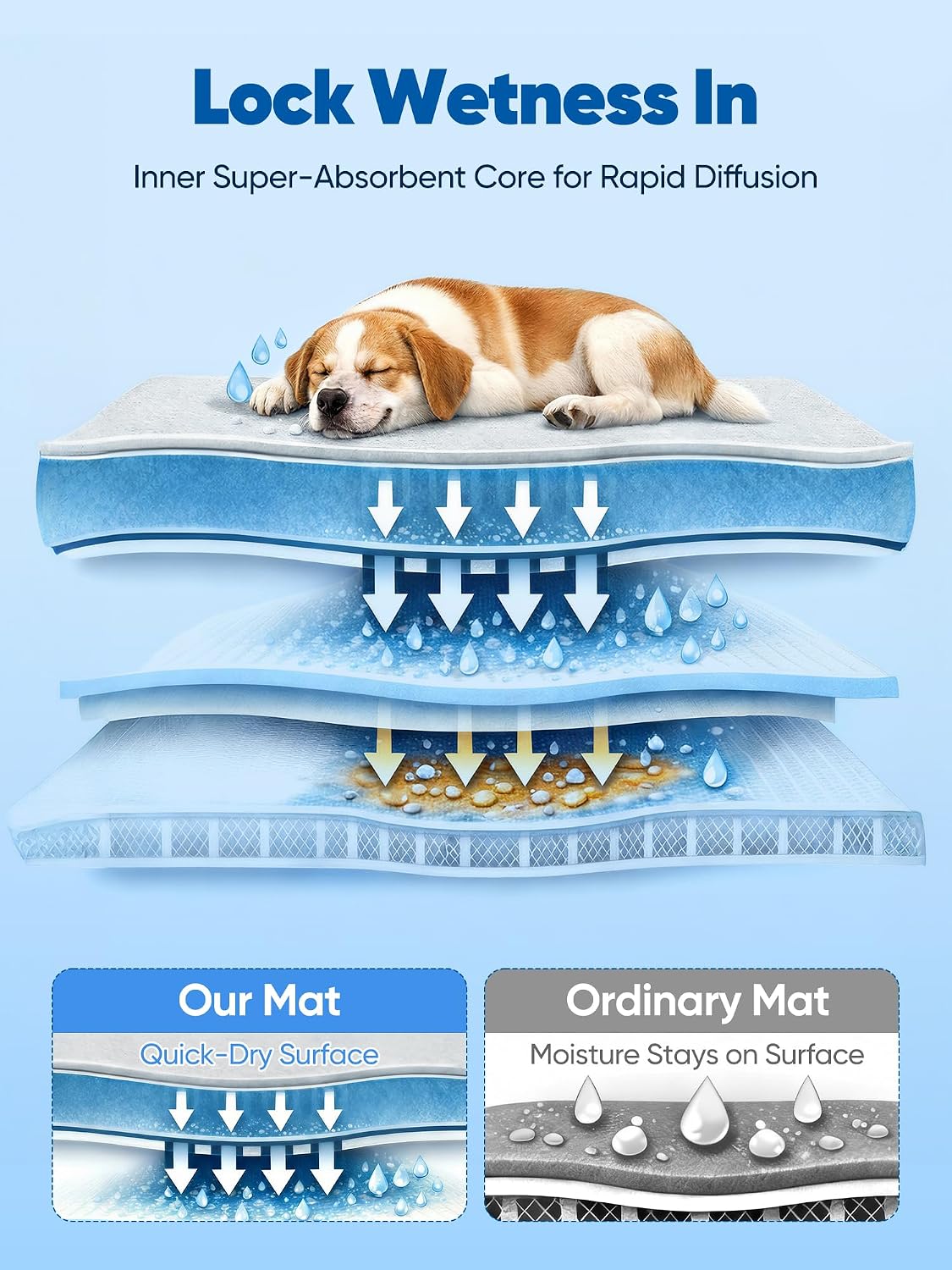 Diagram showing the superior absorbent core of a dog mat with a sleeping dog on top.