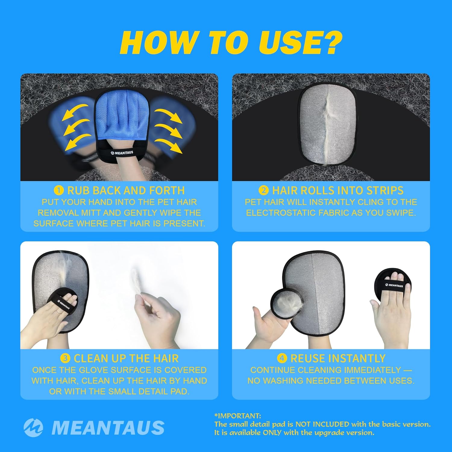 Instructions on how to use MEANTAUS hair removal glove with text and images at Pet Servo