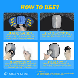 Instructions on how to use MEANTAUS hair removal glove with text and images at Pet Servo