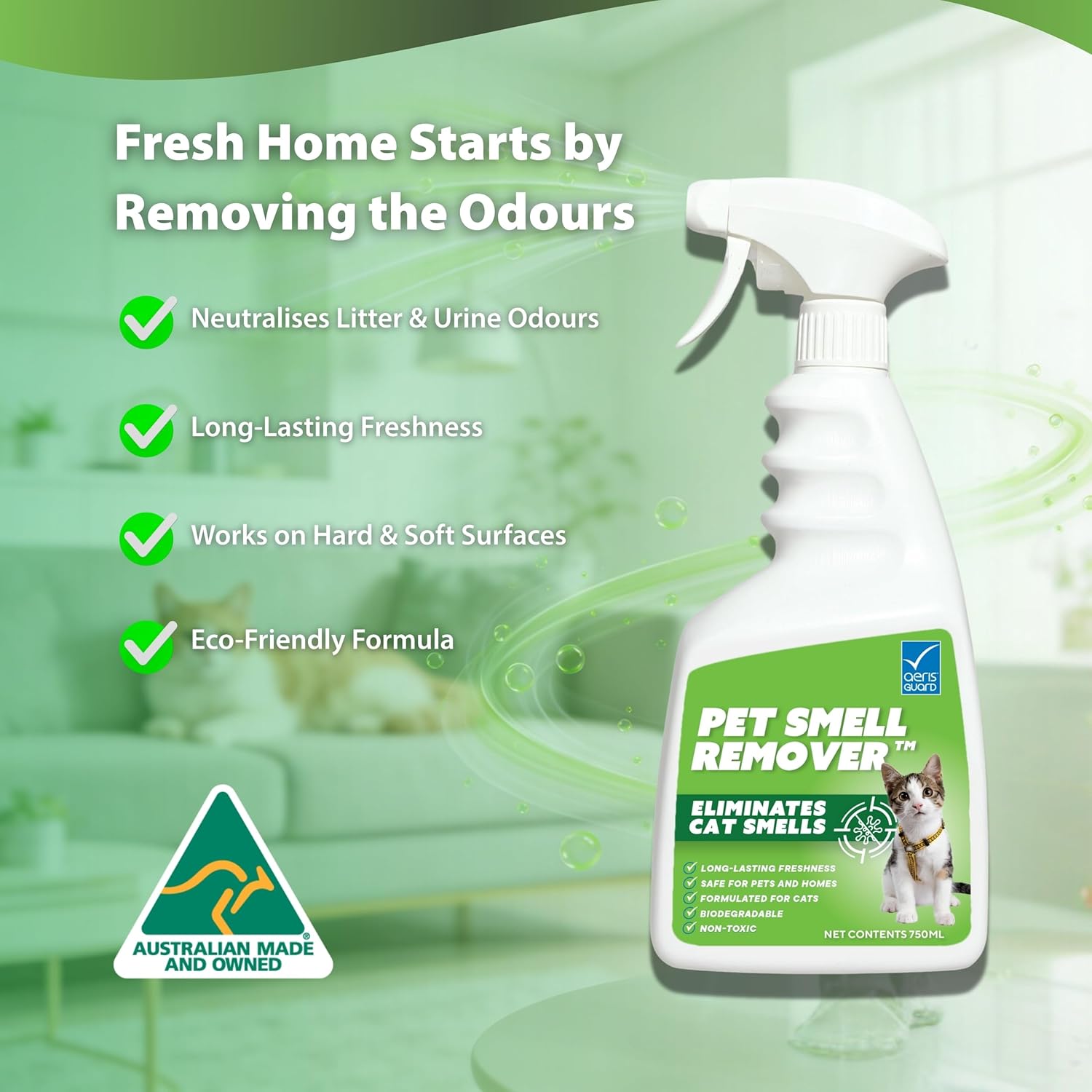 Pet smell remover spray bottle with green label on a blurred indoor background at Pet Servo