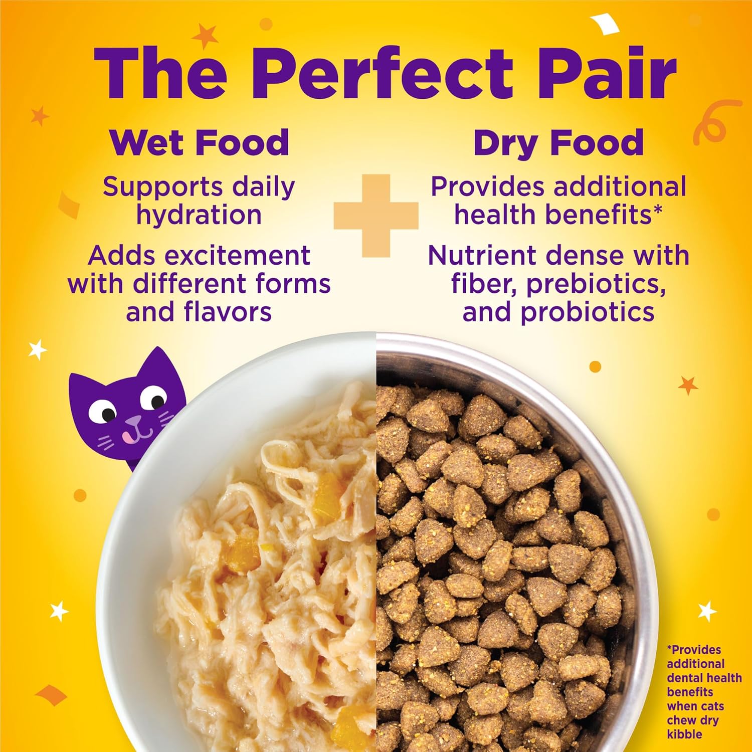 Advertisement for wet and dry cat food on a yellow background with text highlighting benefits at Pet Servo