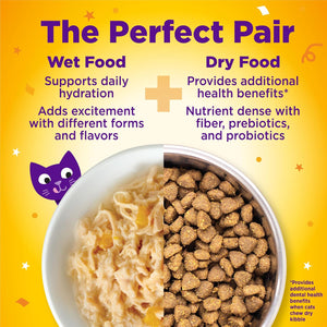 Advertisement for wet and dry cat food on a yellow background with text highlighting benefits at Pet Servo