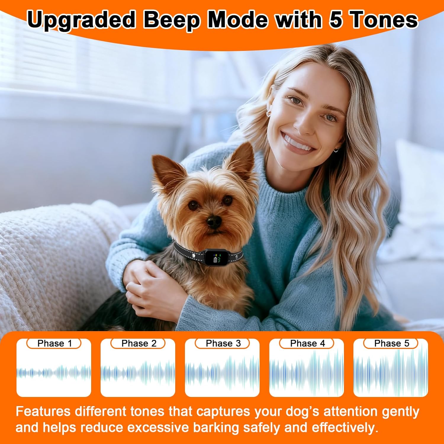 Woman holding a small dog with an upgraded beep mode feature displayed on the screen at Pet Servo