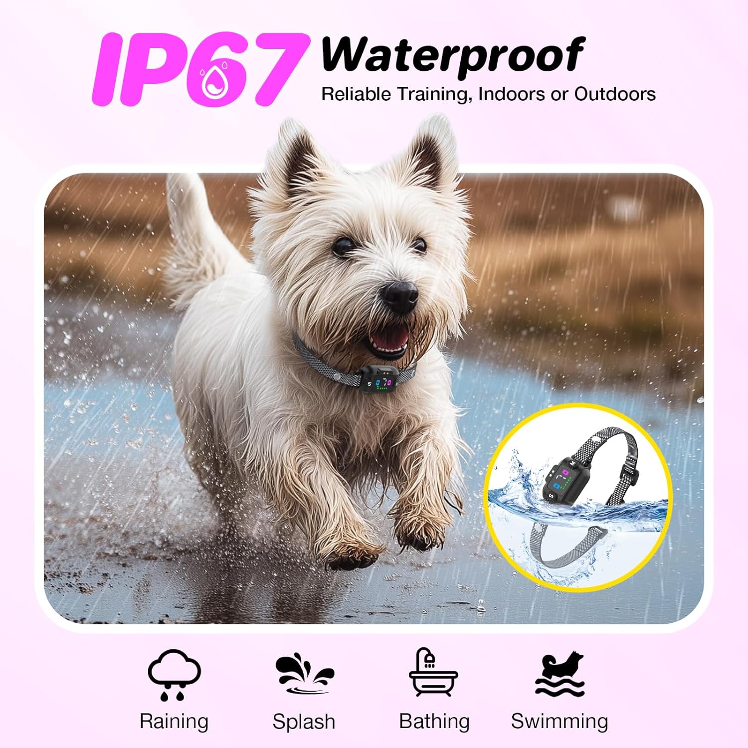 Dog running in water with a waterproof device, IP67 rating highlighted at Pet Servo