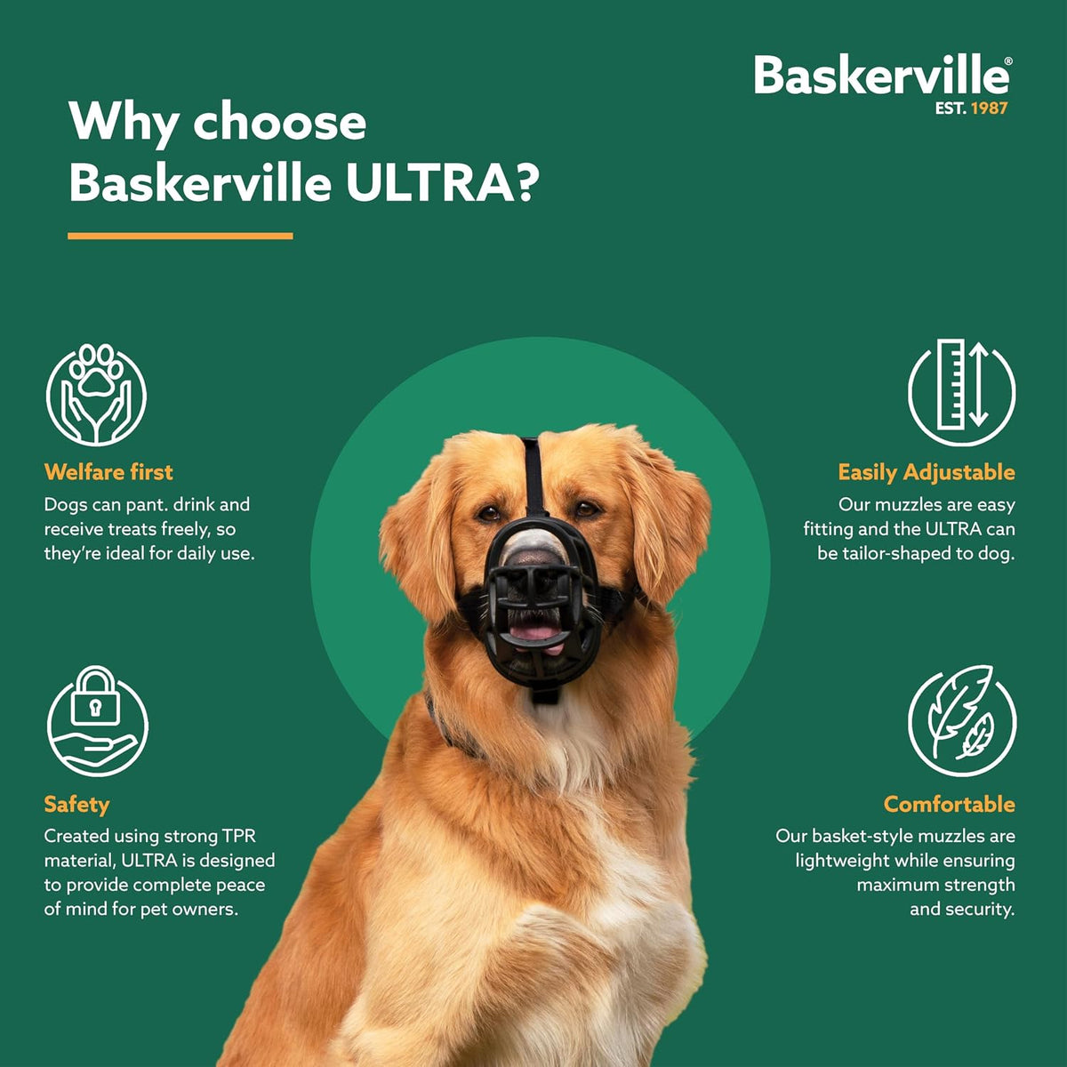 Promotional graphic for Baskerville ULTRA dog muzzle on a golden retriever dog, set against a dark green background with feature icons and text.
