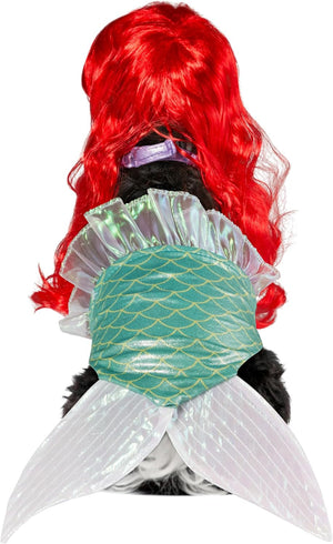 A pet costume featuring a bright red mermaid wig, a green scaly waist piece, and a white tail, displayed on a black dog against a white background at Pet Servo