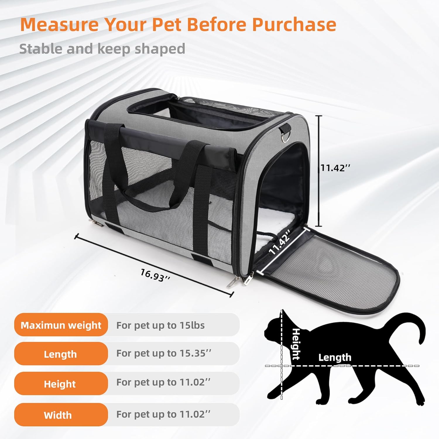 Pet carrier with dimensions and weight capacity on a white background at Pet Servo