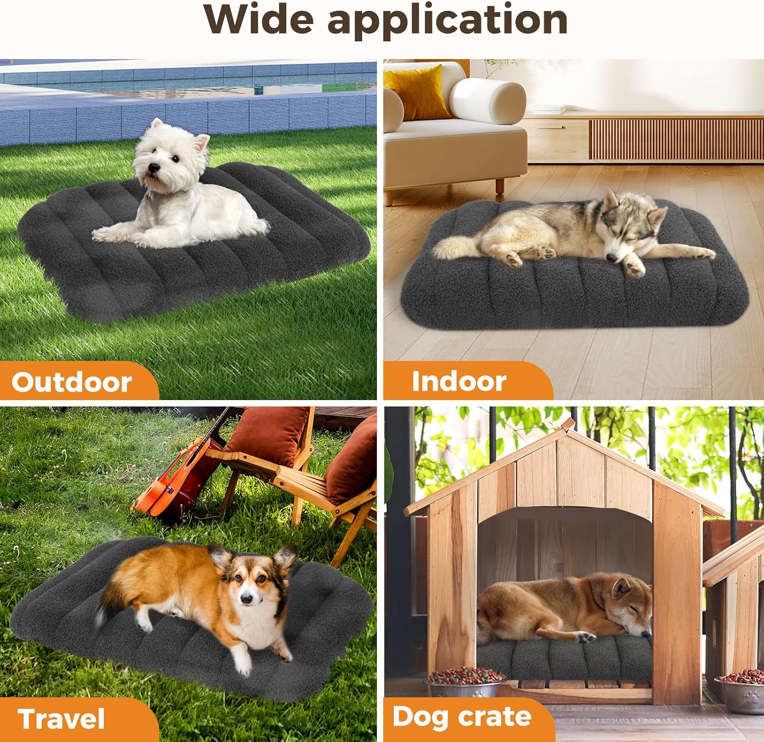 Dog lying on a gray pet bed in various settings including outdoor, indoor, travel, and dog crate at Pet Servo