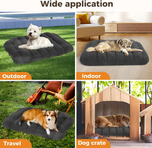 Dog lying on a gray pet bed in various settings including outdoor, indoor, travel, and dog crate at Pet Servo