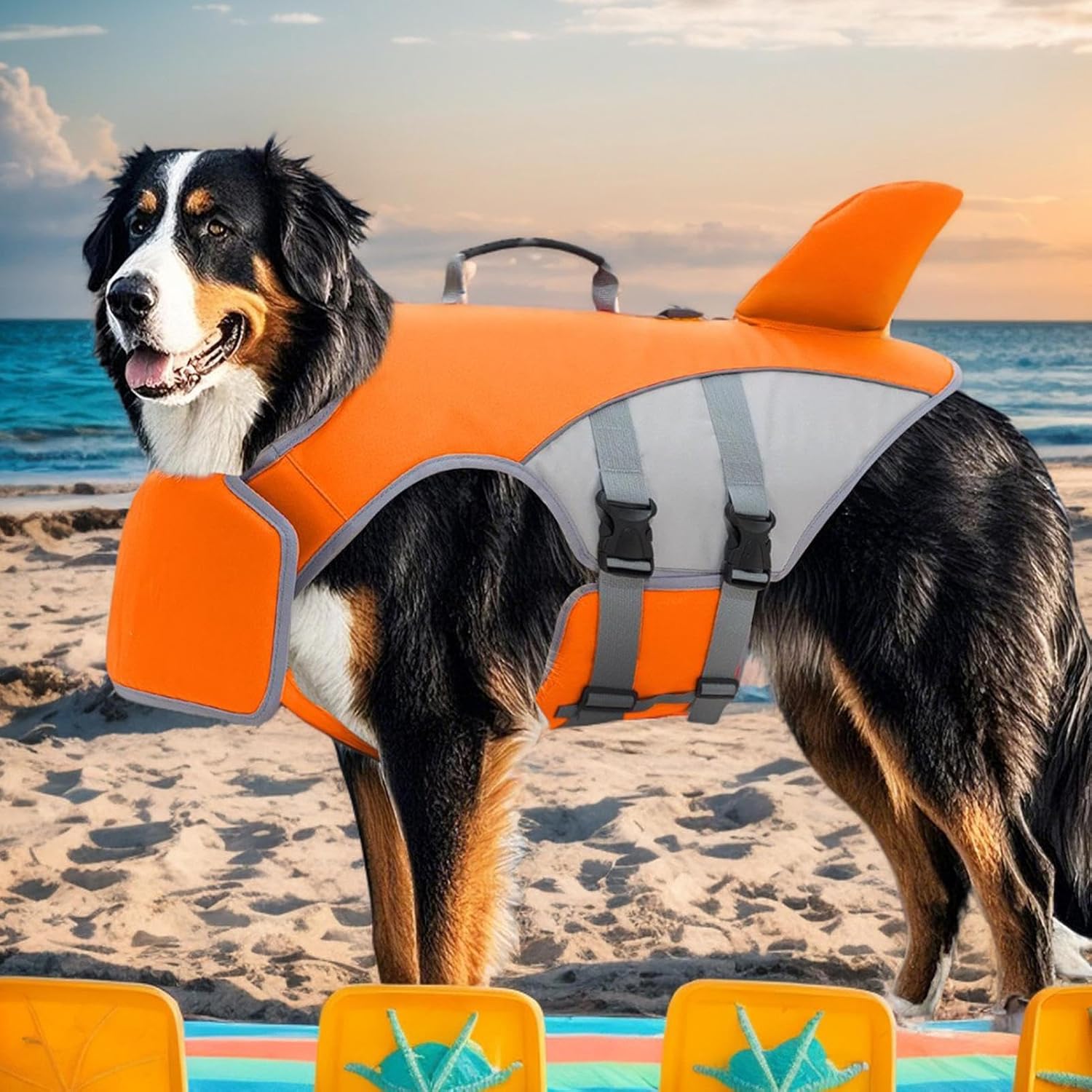 Dog wearing an orange life jacket with a shark fin on a beach at Pet Servo