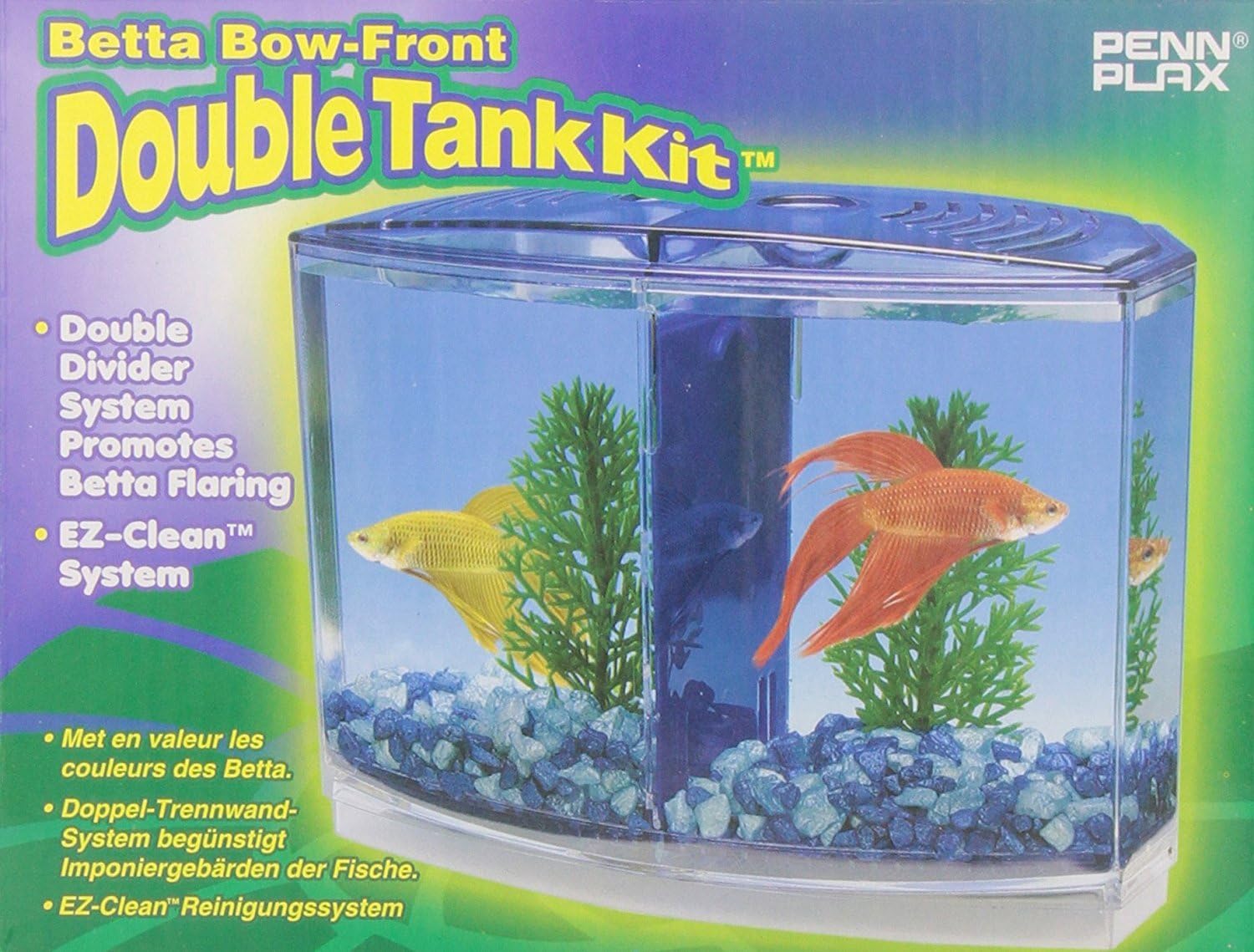 Betta Bow-Front Double Tank Kit packaging with fish and plants on a green background at Pet Servo