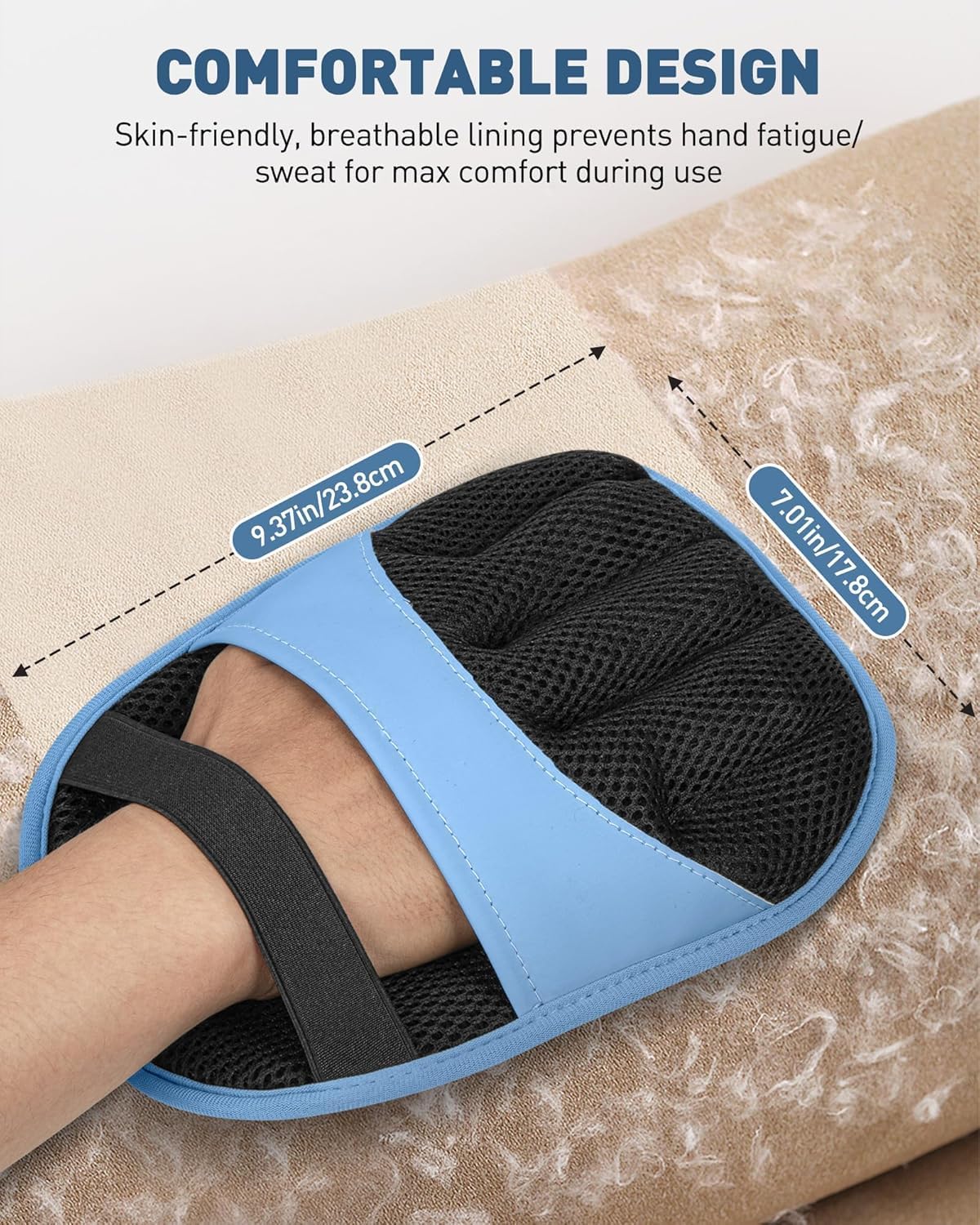Blue hand glove with black mesh and strap, showing measurements on a textured surface at Pet Servo