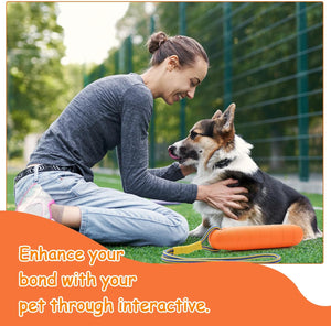 Woman sitting on grass with a dog, with an orange banner at the bottom at Pet Servo
