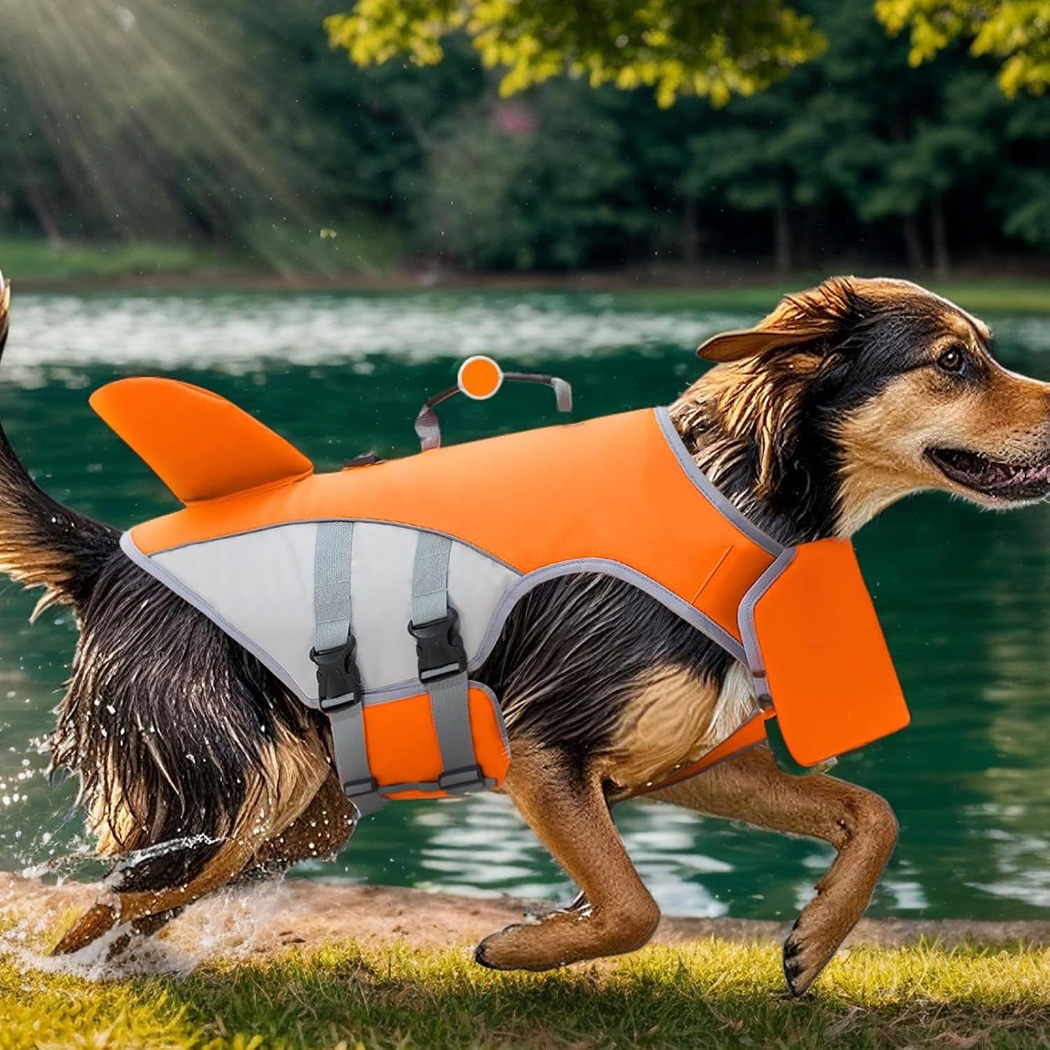 Dog wearing an orange life jacket running on a grassy area by a body of water at Pet Servo