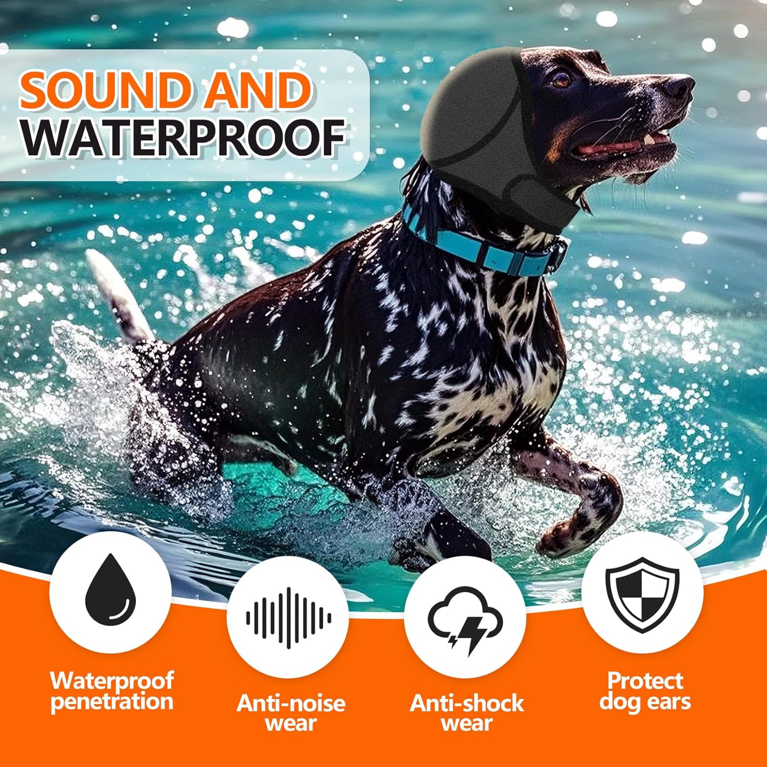 Dog running in water with waterproof and soundproof features highlighted at Pet Servo