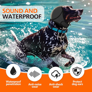 Dog running in water with waterproof and soundproof features highlighted at Pet Servo
