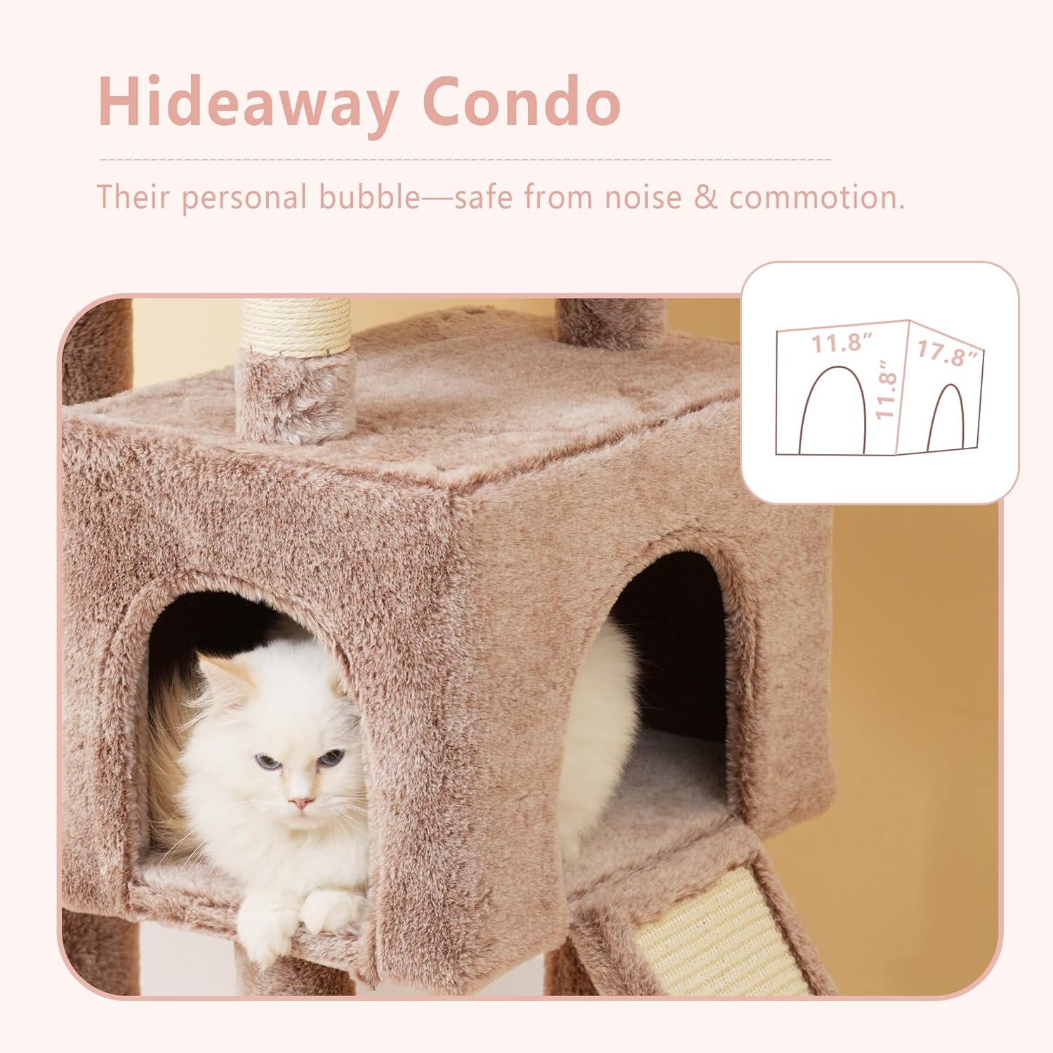 Cat hideaway condo with a cat inside, labeled 'Hideaway Condo' on a beige background at Pet Servo