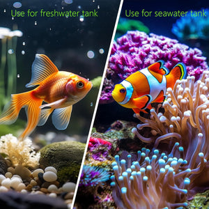 Two aquarium scenes with goldfish and clownfish, labeled for freshwater and seawater tanks at Pet Servo